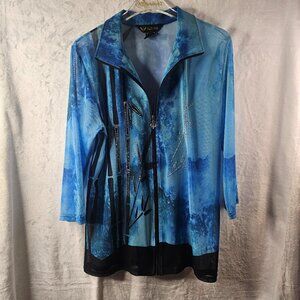 Valentina Blue Jacket Women's Floral Beaded Sparkly Zip Up 3/4 Sleeve Size S